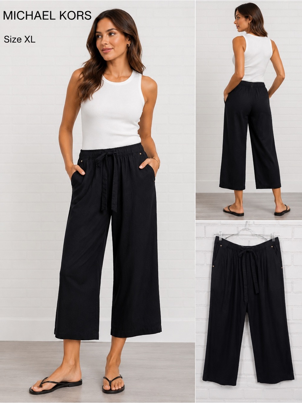 Michael Kors Black Linen Blend Cropped Wide Leg Culotte Pants XL